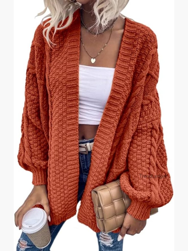 Oversized Open Front Cable Knit Lantern Long Sleeve Chunky Cardigan
